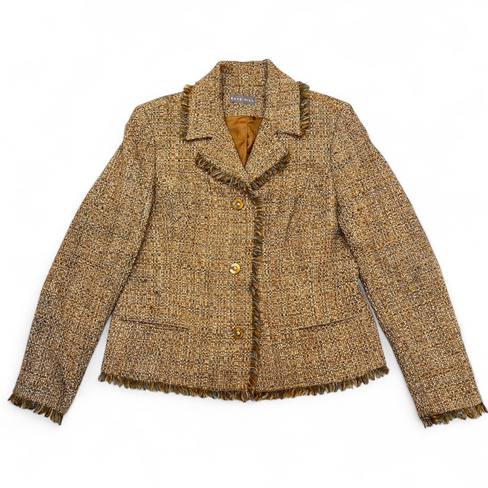 Kate Hill Wool Blend Tweed Blazer Jacket Fringe Trim Size 14 Olive Green Blue